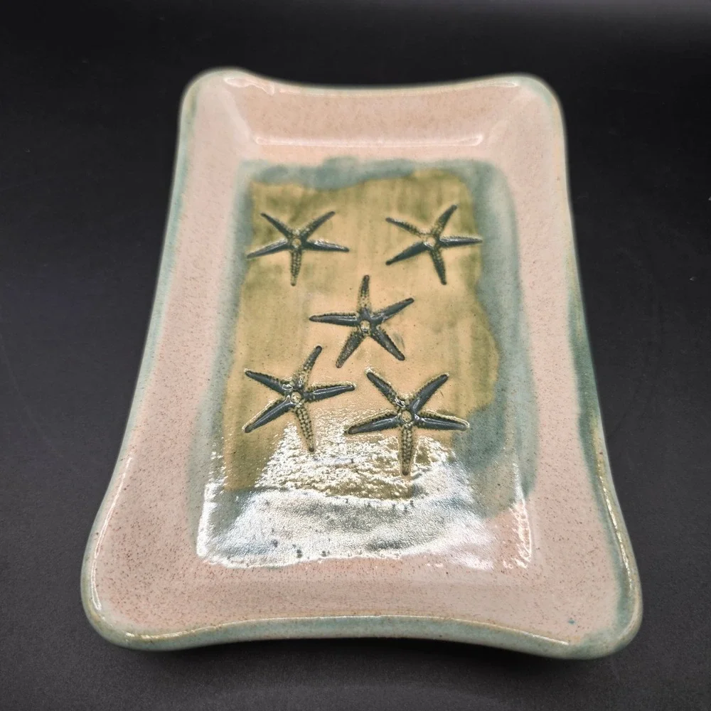 Hugh Wayne Studio Pottery Starfish Trinket Dish Coastal Sage Green Pink Tray
